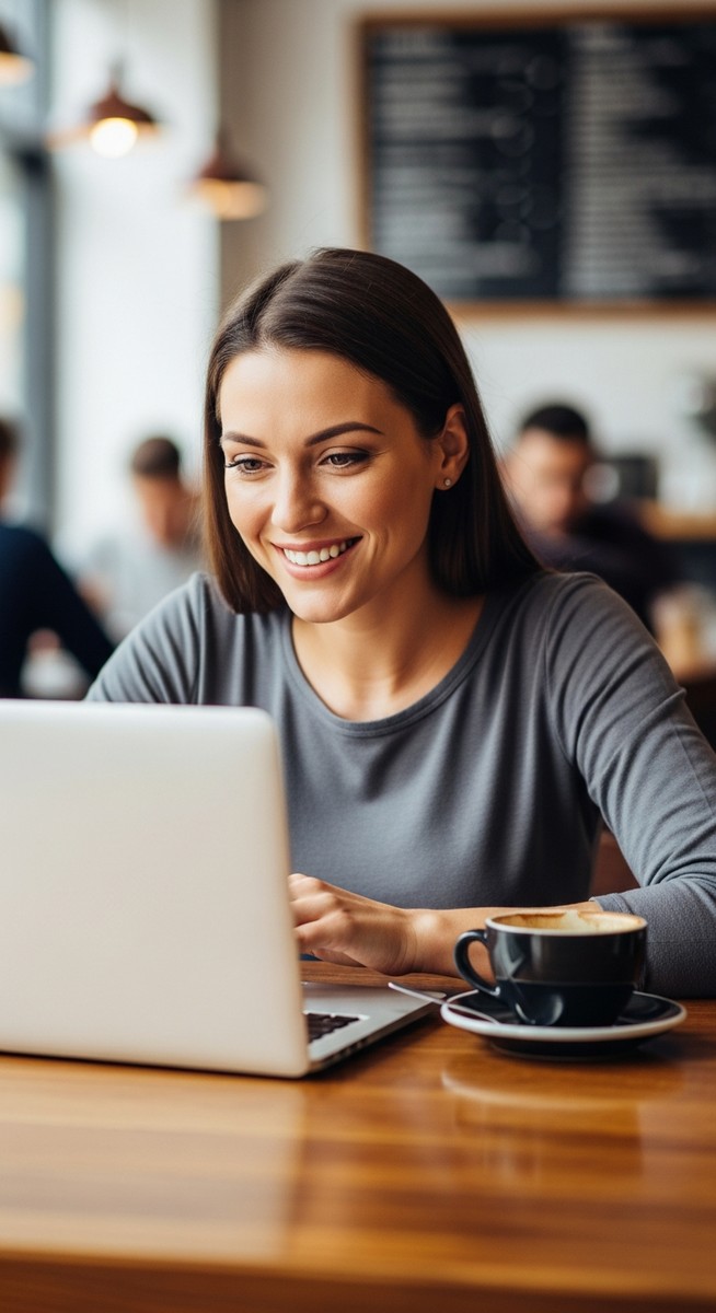 woman working happily on her laptop