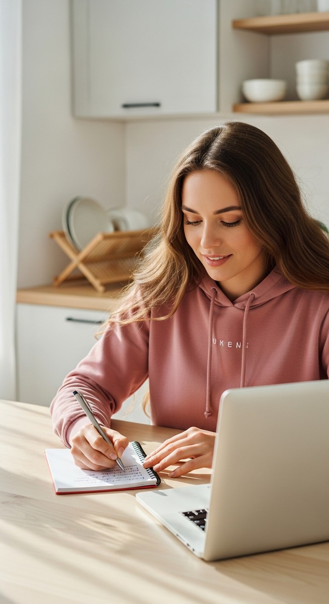 young woman taking notes next to her laptop at a kitchen table