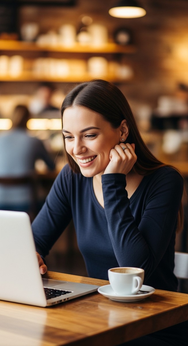 woman working happily on her laptop