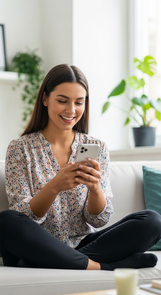 woman smiling at her phone in a bright living room