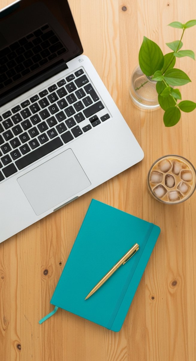 flatlay of a laptop and teal notebook on a wooden desk