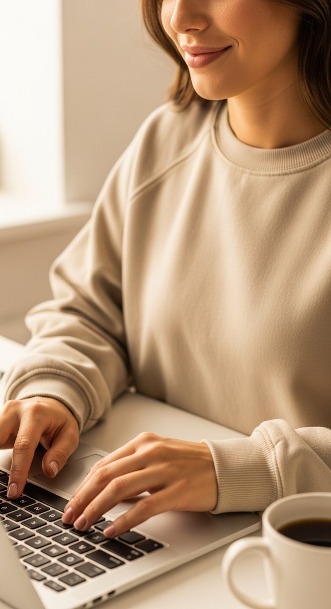 woman typing on a laptop at a bright clean desk