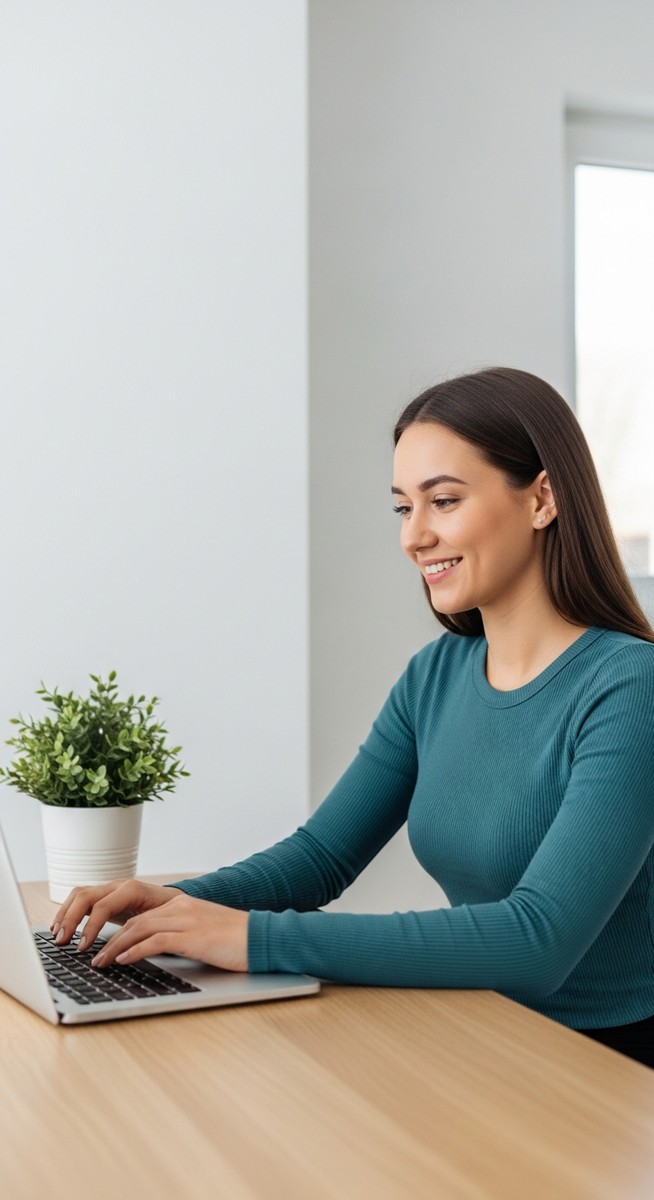 woman looking satisfied at her laptop screen at home