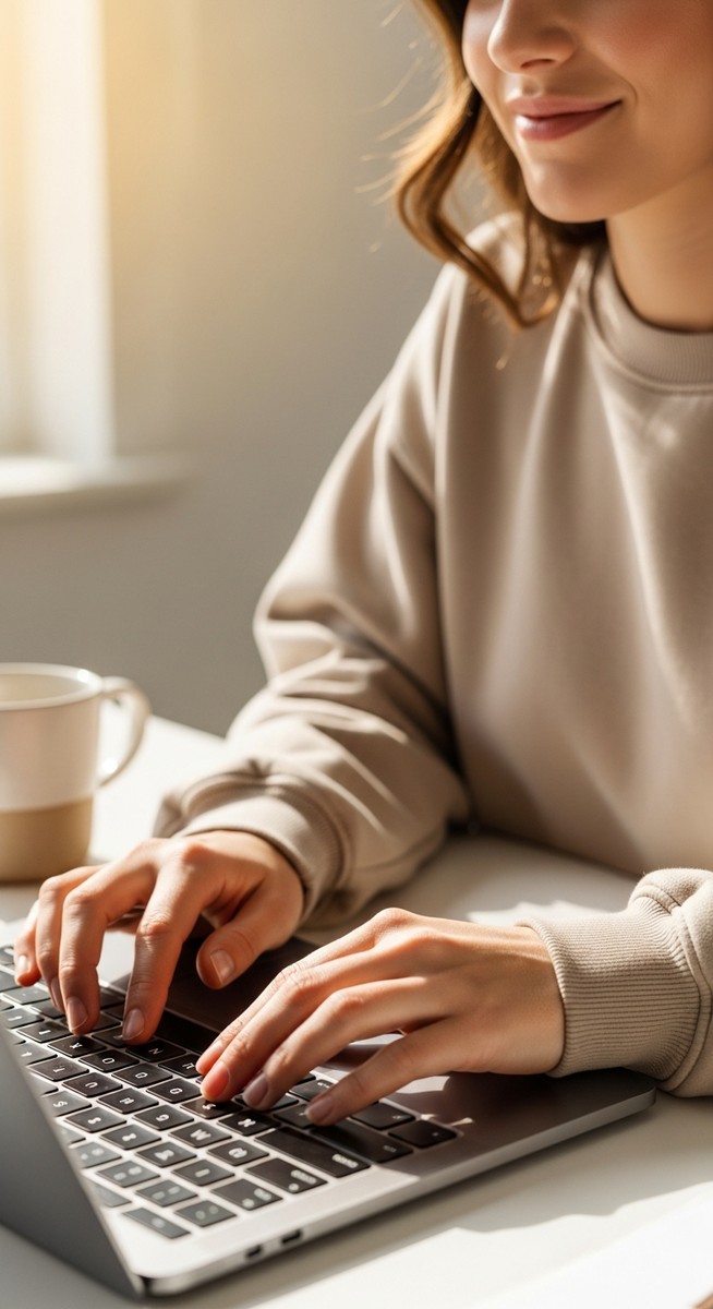 a woman typing on a laptop at a bright clean desk for Pinterest