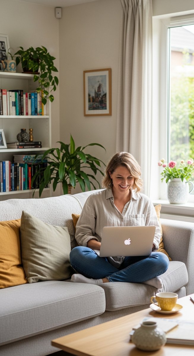 a woman smiling while working on her laptop at home for Pinterest
