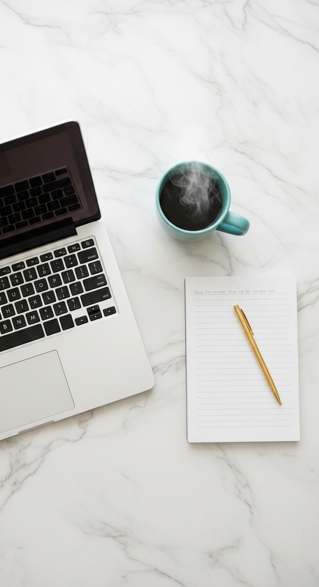 flatlay of a laptop and teal mug on a marble surface