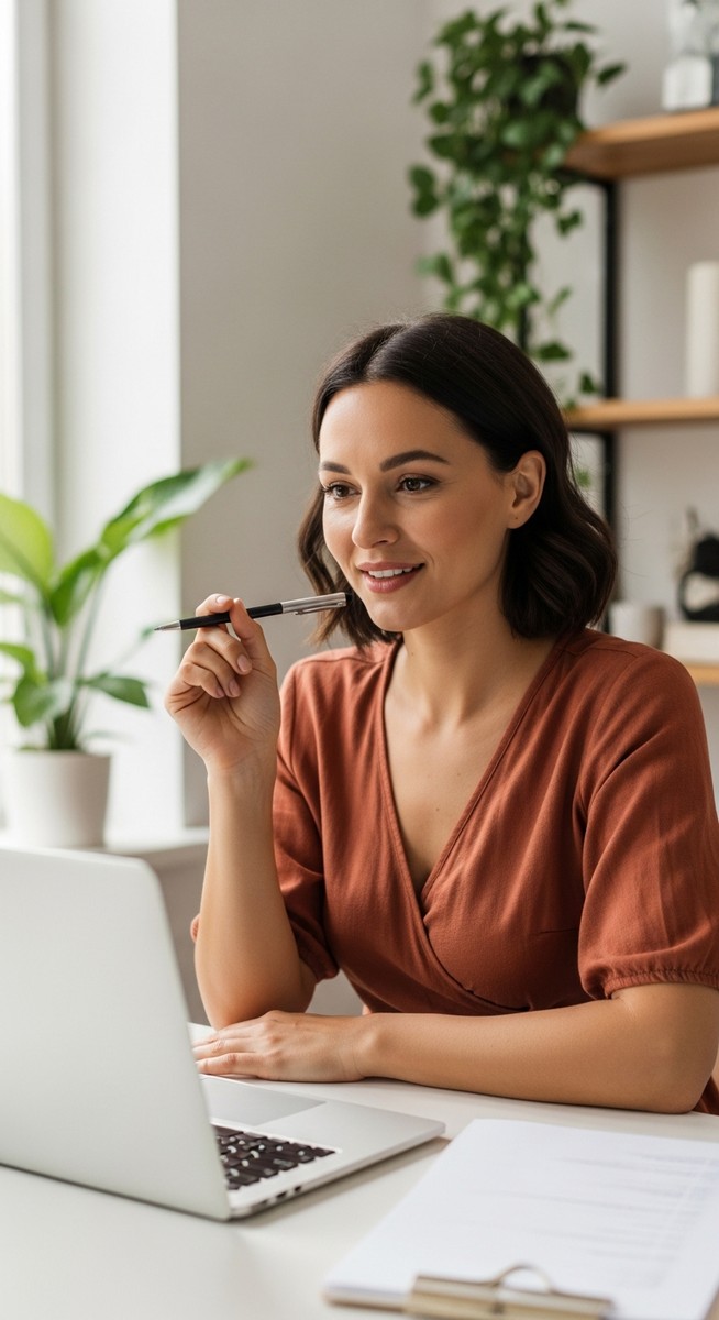 a woman smiling and thinking at her home office desk for Pinterest