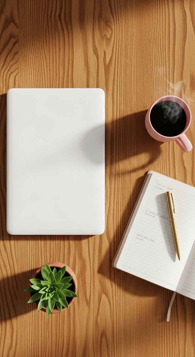 flatlay of a planner, laptop, and succulent on a wooden surface