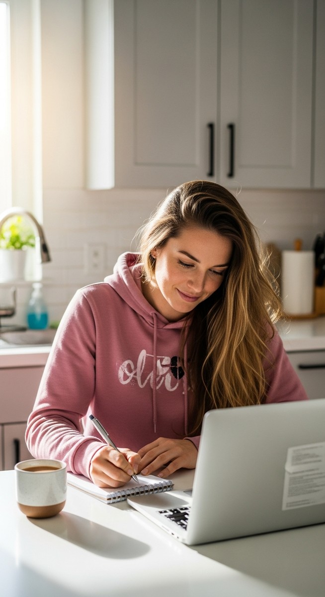 a young woman taking notes next to her laptop at a kitchen table for Pinterest