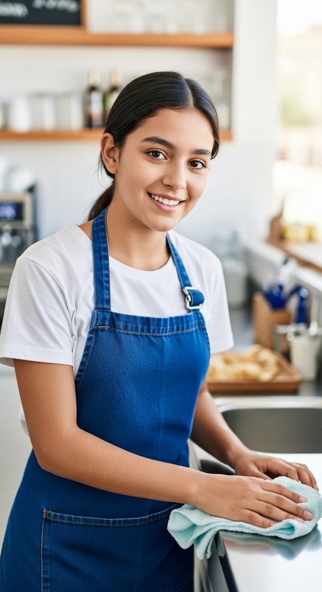 teenage girl working in a bright café preparing an order at a job that hires at 15 years old