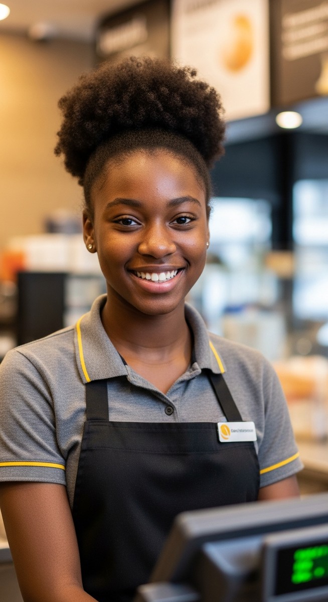 teenage girl in a work uniform smiling confidently in a retail setting
