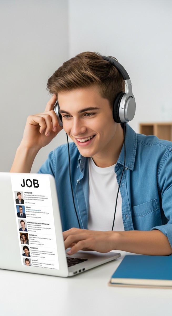 teenage boy browsing job listings on a laptop at a home desk for a job that hires at 15 years old