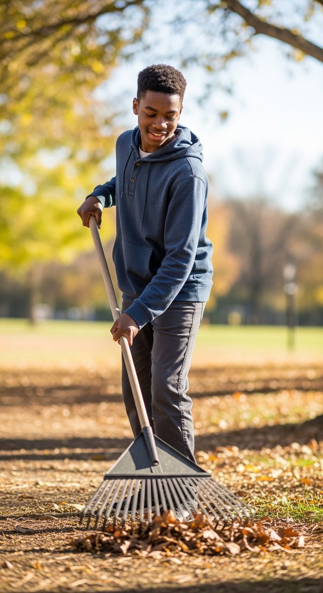 teenage boy doing an outdoor tidying job in a park