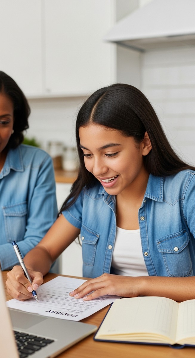 teenage girl filling in a job application on a laptop at a kitchen table