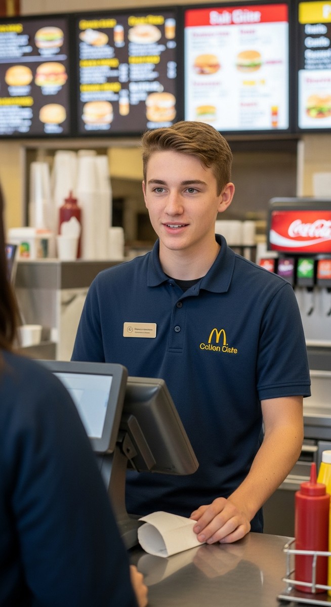 teenage boy taking a customer order at a fast food counter