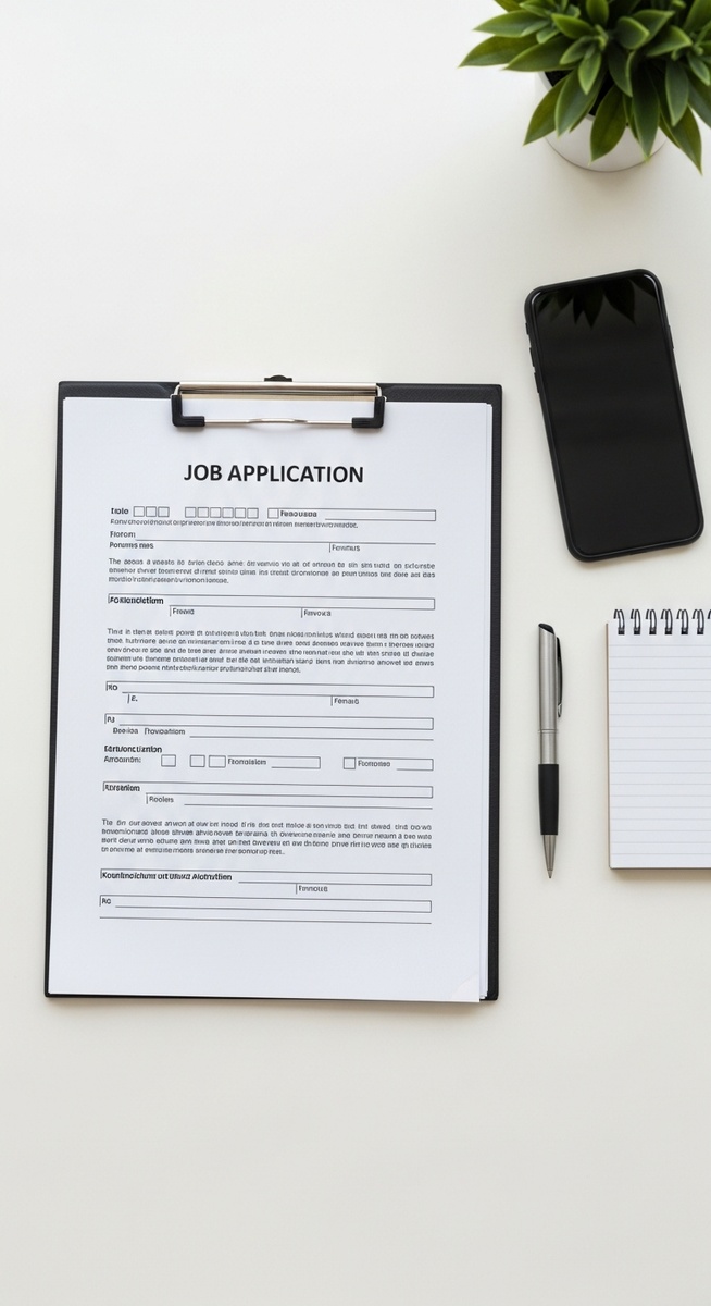 flatlay of a job application form, pen, smartphone and notepad on a clean desk