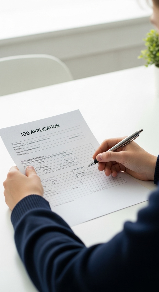 teenager's hands holding a completed job application form with a pen for a job that hires at 15 years old