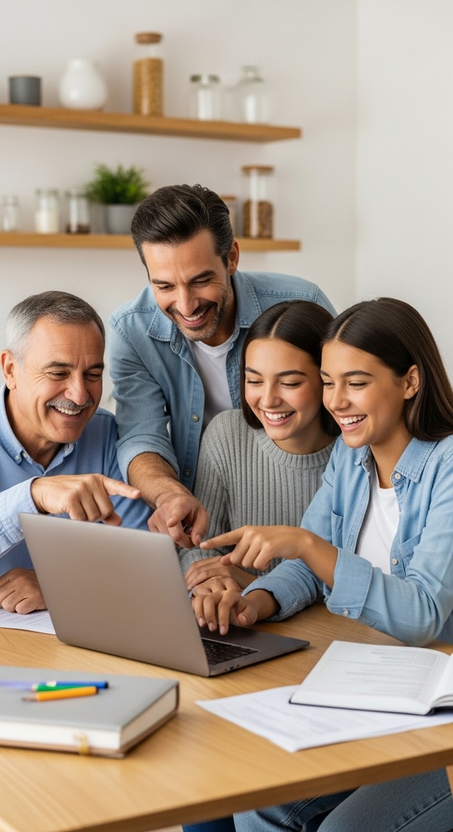 family gathered around a laptop laughing as they plan an event at a kitchen table