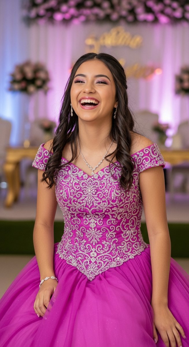 a teenage girl in a quinceañera dress laughing in a decorated event venue for budgeting