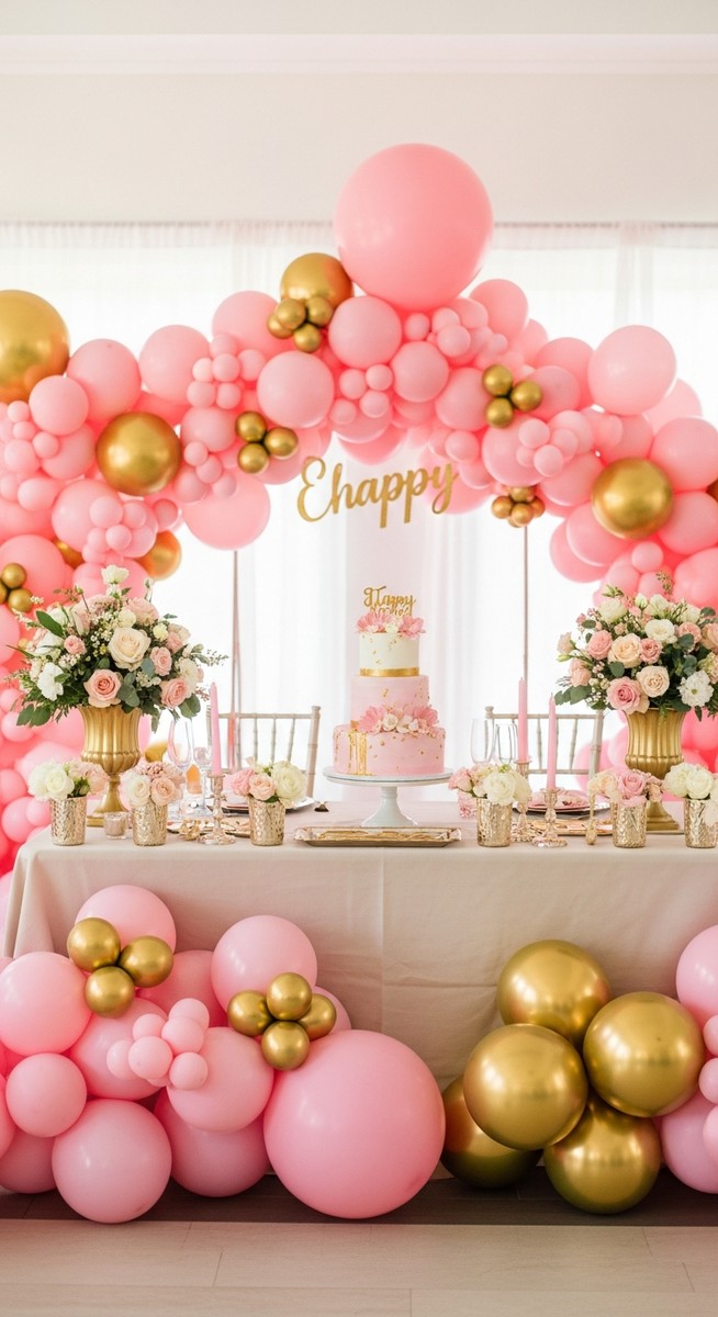 a decorated celebration table with pink and gold balloons, a tiered cake and floral centrepieces for budgeting
