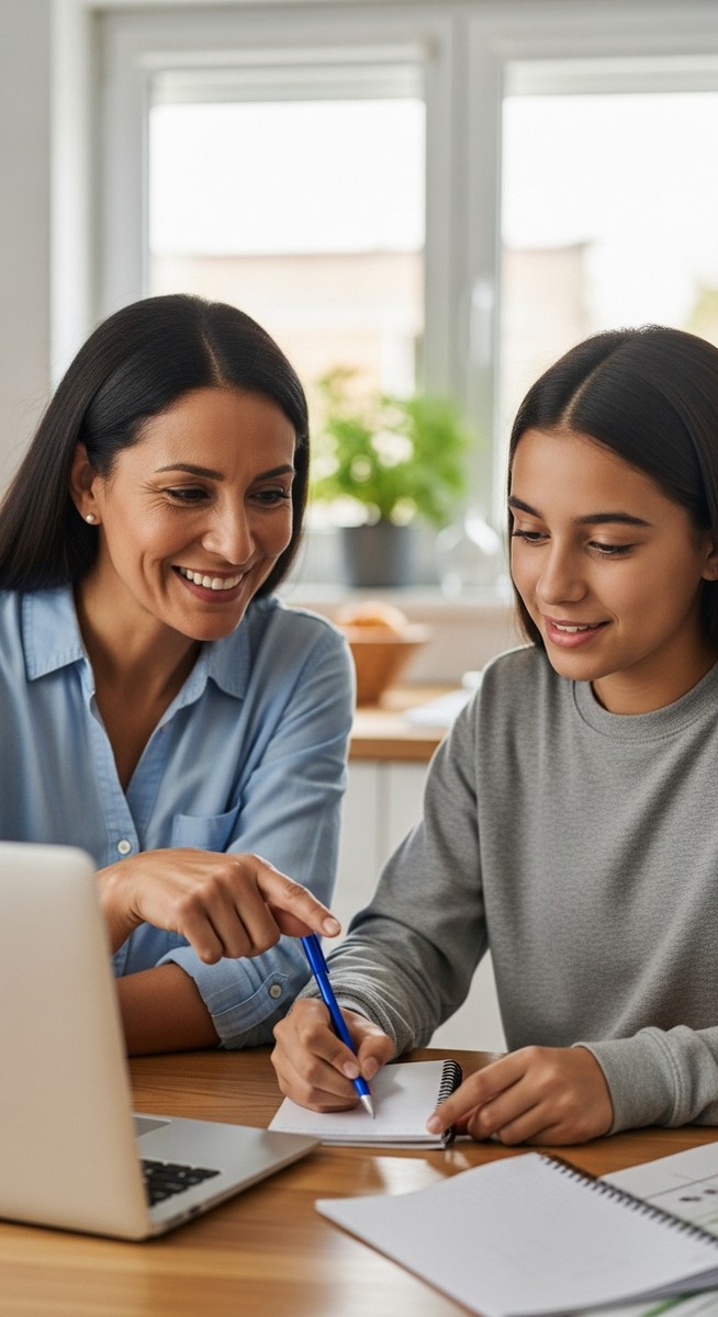 a mother and teenage daughter planning an event together on a laptop at a kitchen table for budgeting