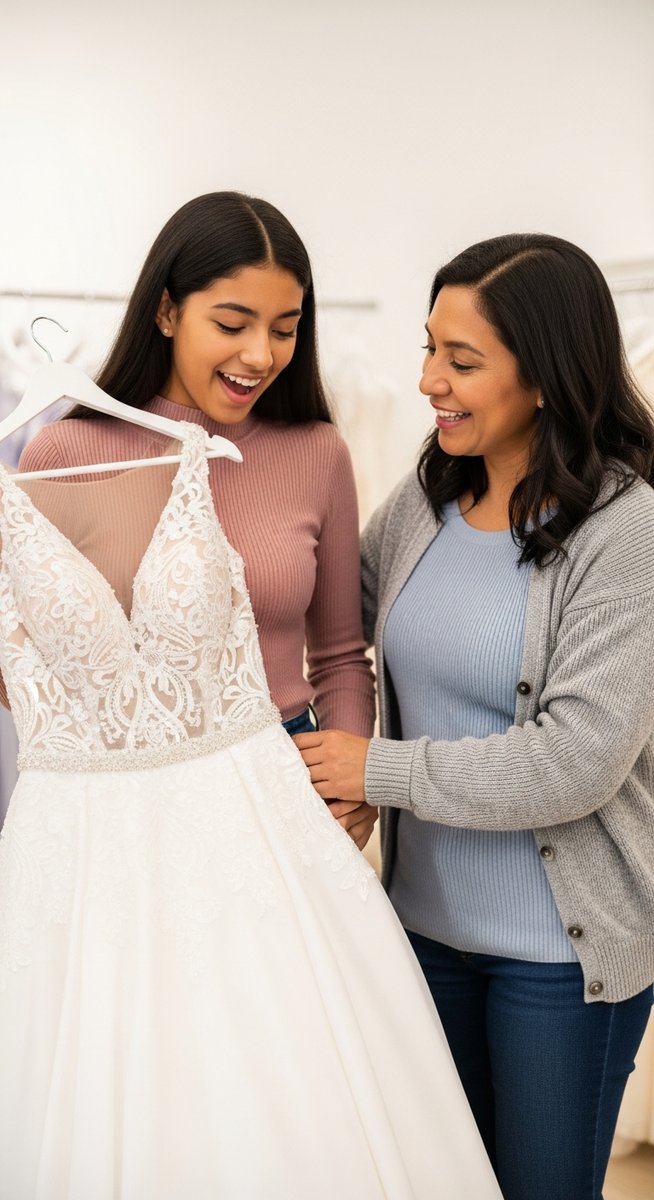 teenage girl and her mother looking at a formal dress in a clothing shop