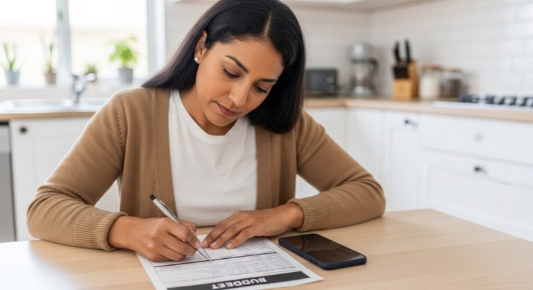 a woman reviewing a printed event budget spreadsheet at a kitchen table for budgeting