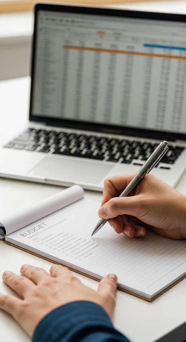 hands writing a detailed budget list in a notepad with a laptop open in the background
