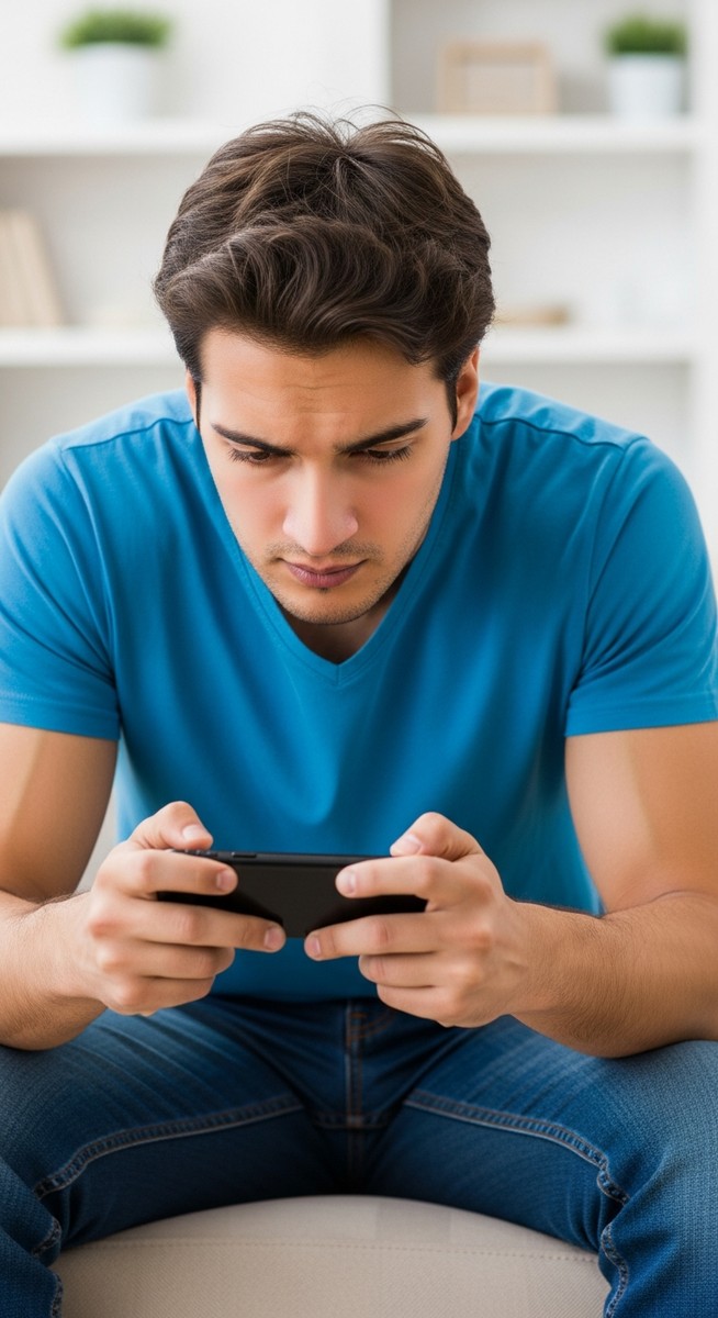 a man focused on playing a game on his smartphone to play games for money