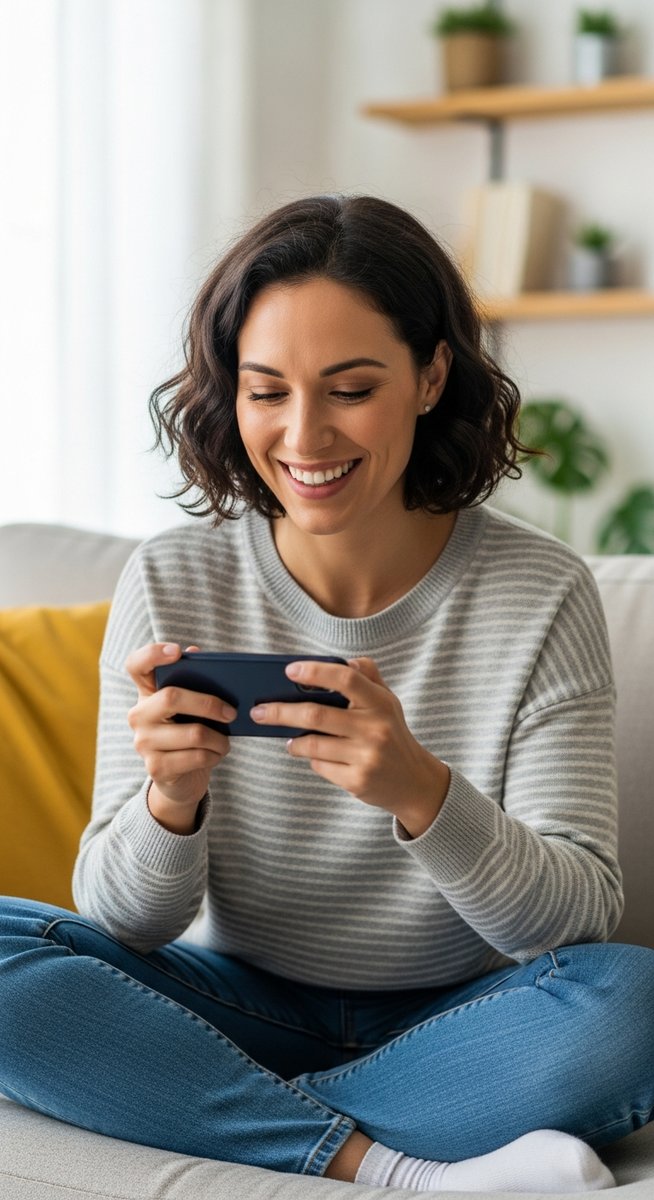 woman smiling while playing a game on her phone