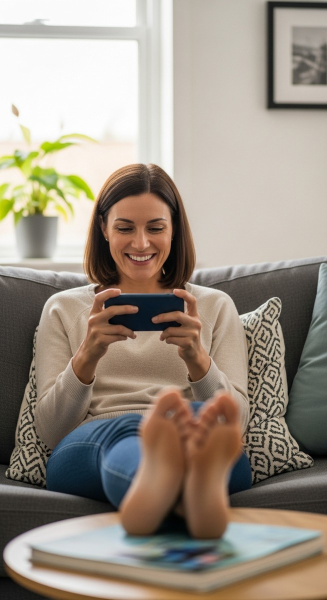 woman relaxing and playing a game on her phone