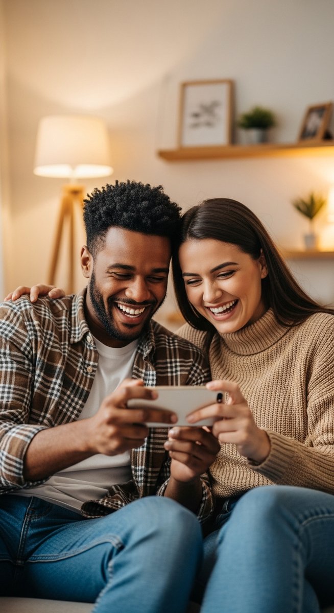 a two friends playing a mobile game together on a sofa to play games for money