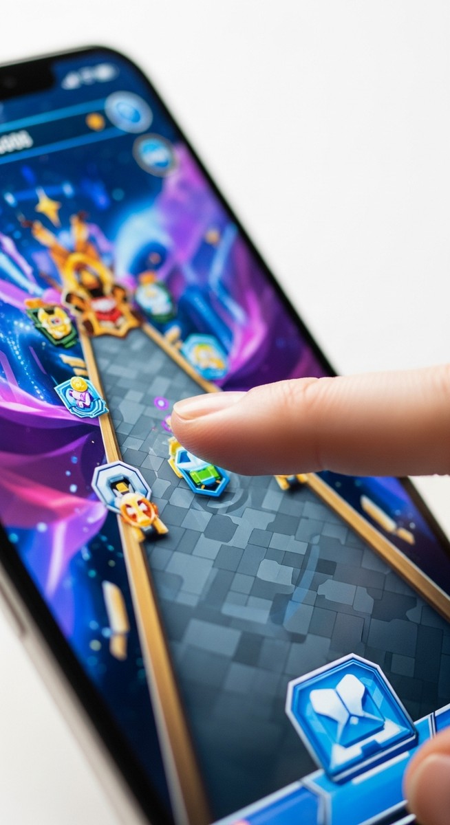 finger tapping a colourful mobile game on a smartphone