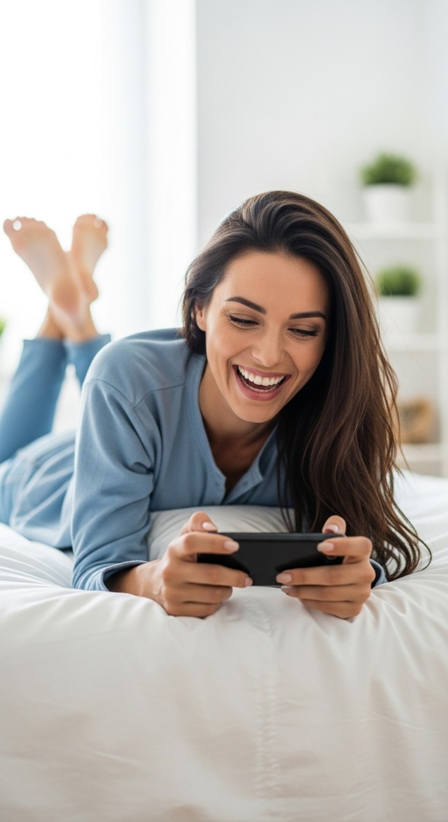 woman laughing while playing a game on her phone in bed