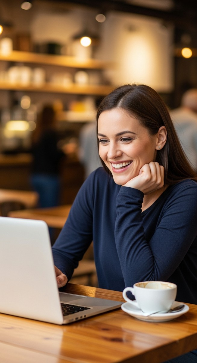 woman working happily on her laptop