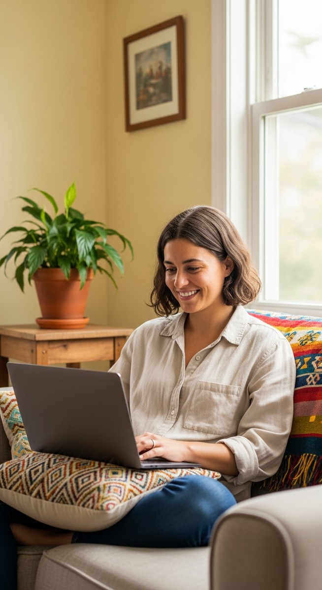 a woman smiling while working on her laptop at home to make money