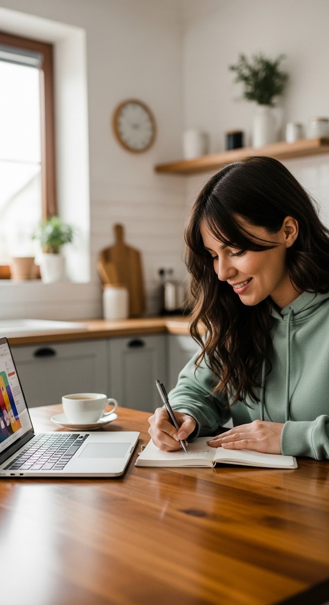 young woman taking notes next to her laptop at a kitchen table