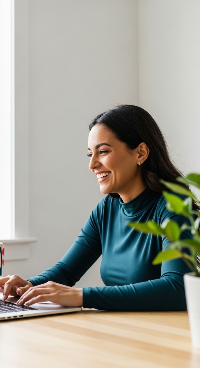 woman looking satisfied at her laptop screen at home