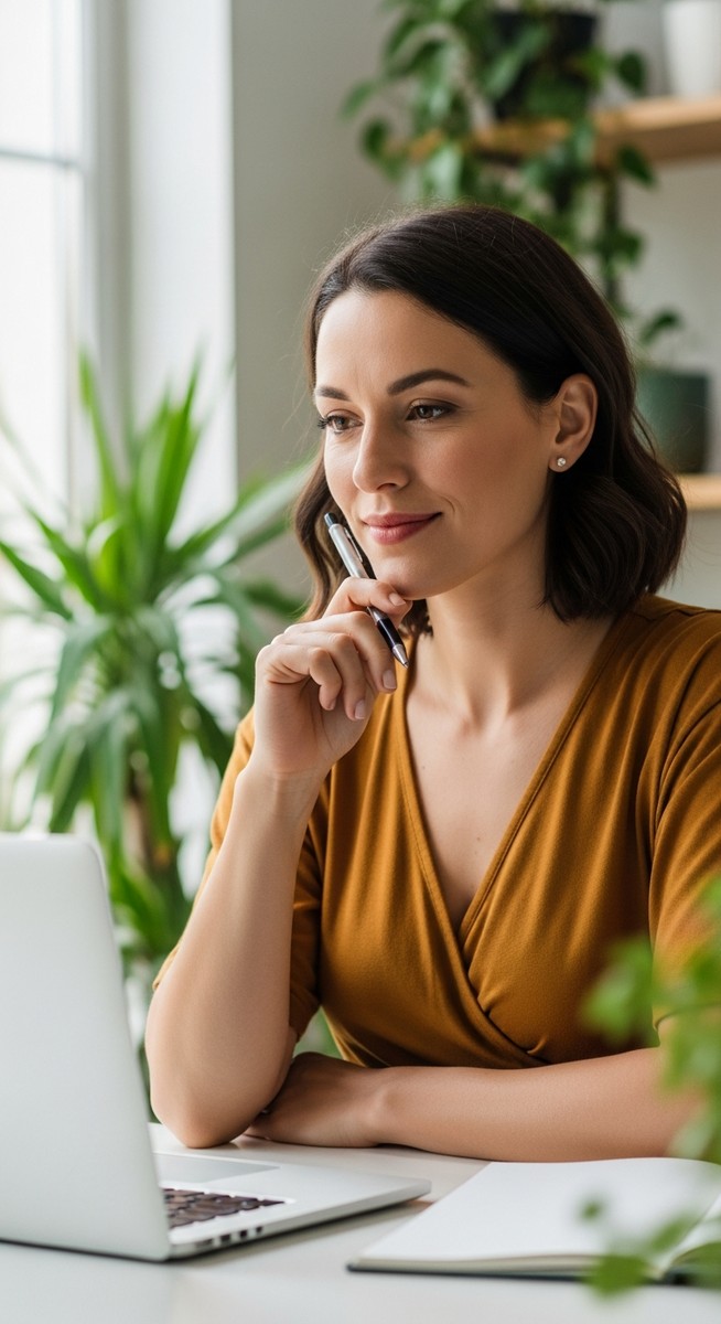 woman smiling and thinking at her home office desk