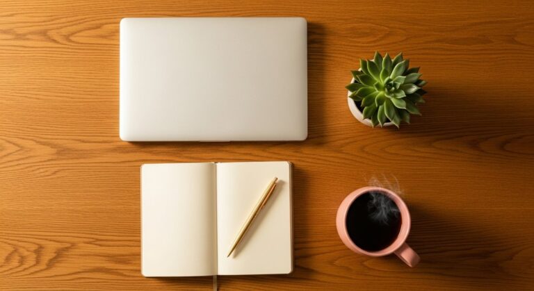 a flatlay of a planner, laptop, and succulent on a wooden surface to make money