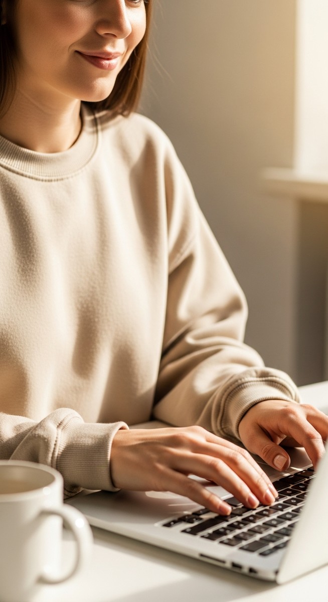 a woman typing on a laptop at a bright clean desk to make money