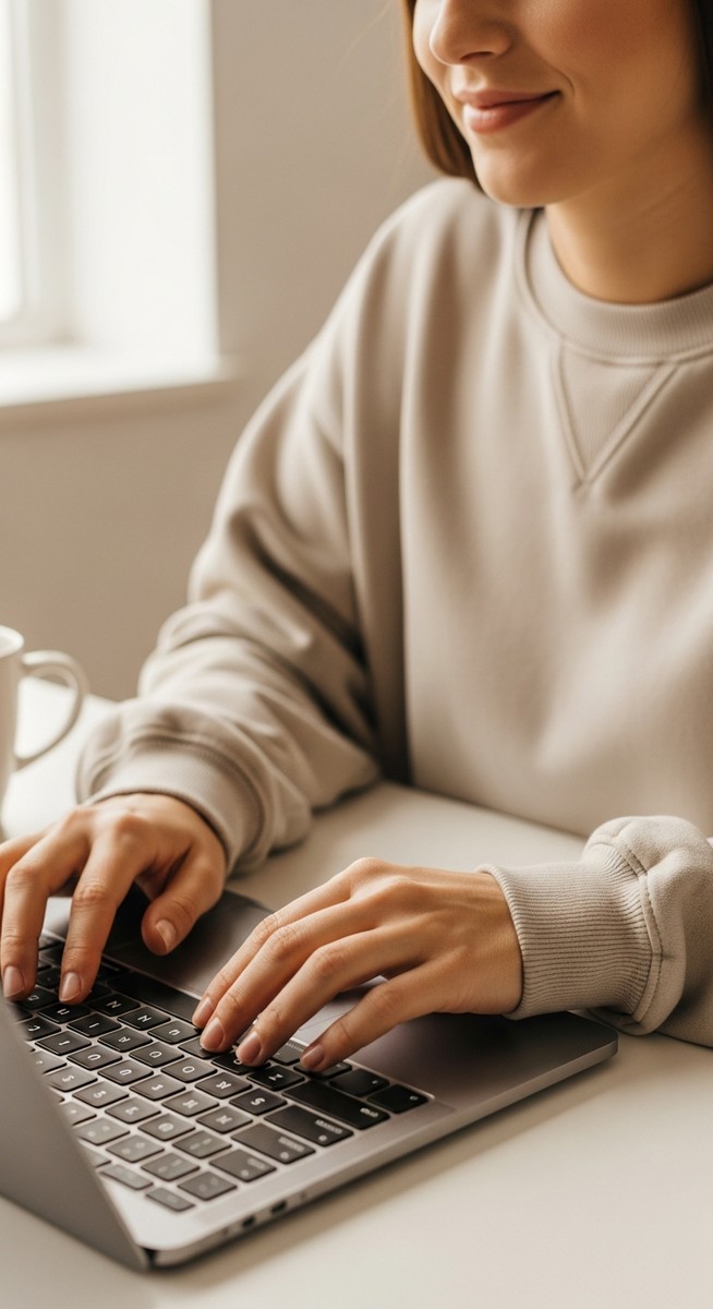 woman typing on a laptop at a bright clean desk