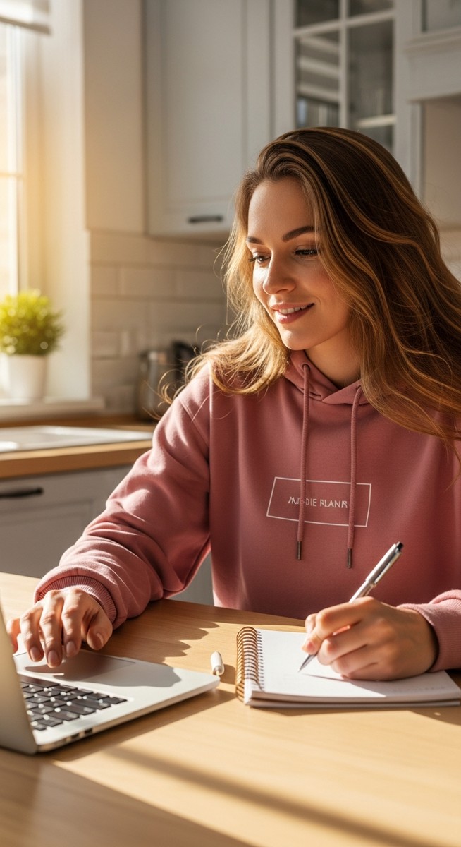 young woman taking notes next to her laptop at a kitchen table