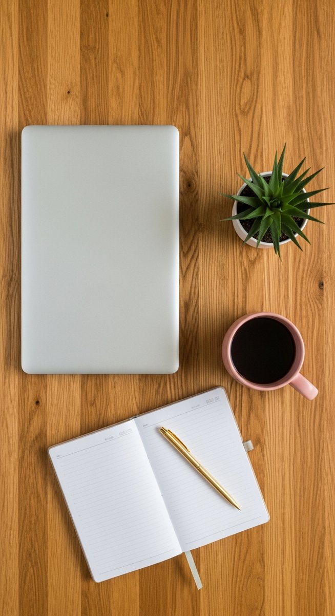 a flatlay of a planner, laptop, and succulent on a wooden surface for proofreading