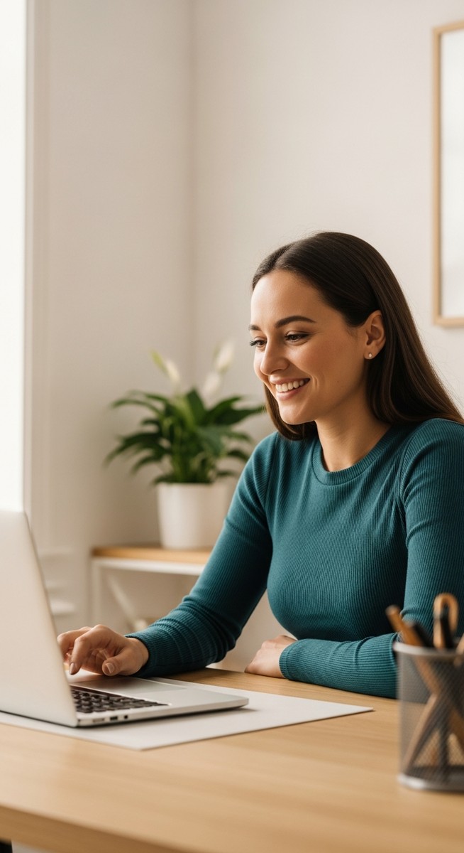 woman looking satisfied at her laptop screen at home