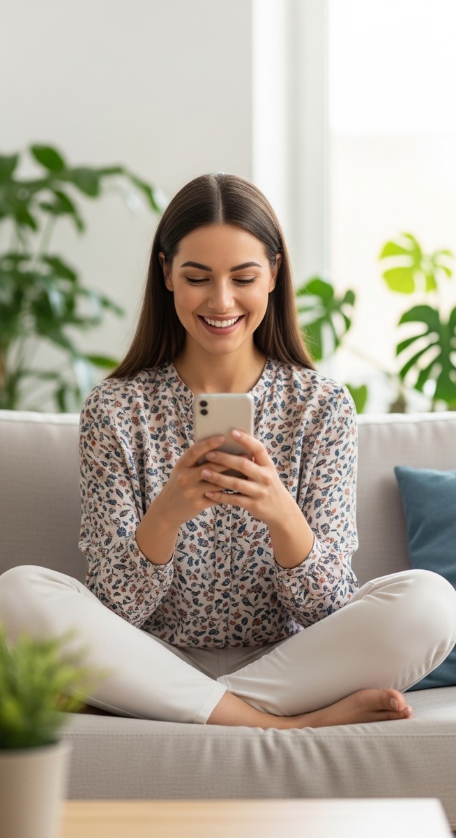 woman smiling at her phone in a bright living room