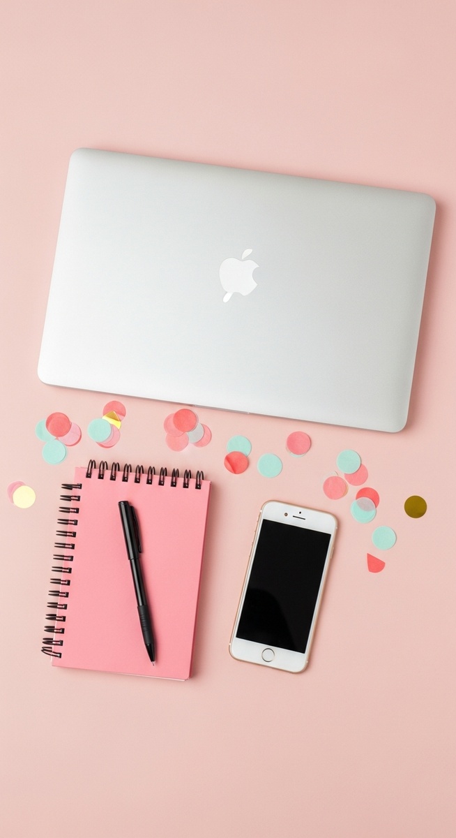 pink flatlay with laptop, notebook, and phone
