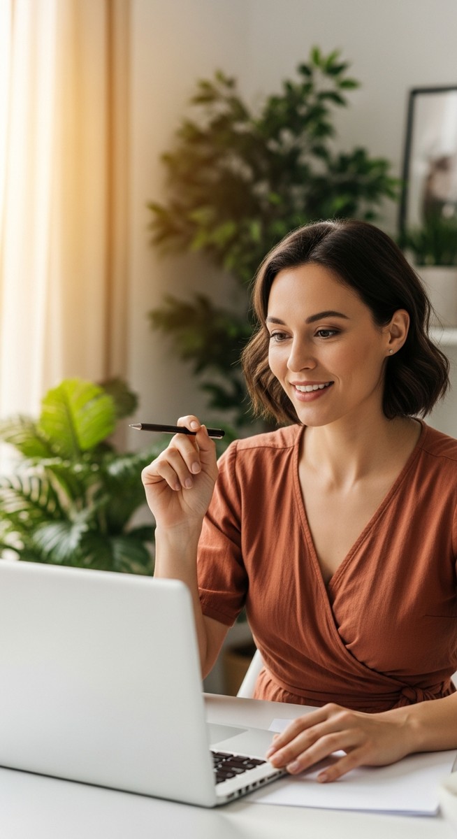 a woman smiling and thinking at her home office desk for proofreading