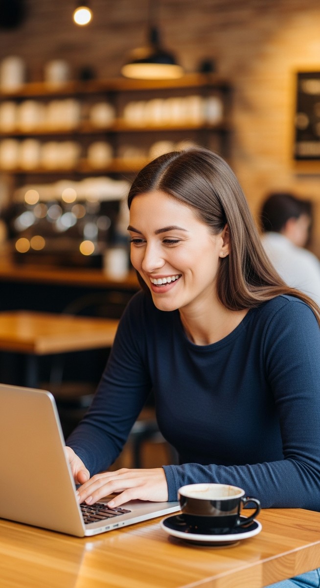 woman working happily on her laptop