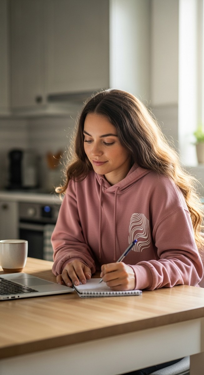 young woman taking notes next to her laptop at a kitchen table